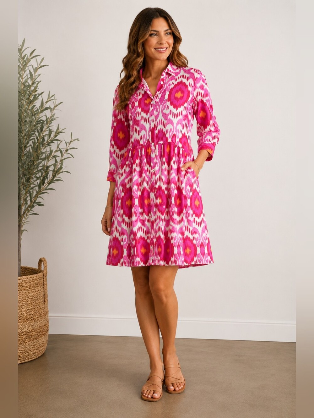 Ro's Garden Pink Ikat Print 100% Cotton Button Front Shirt Dress Large